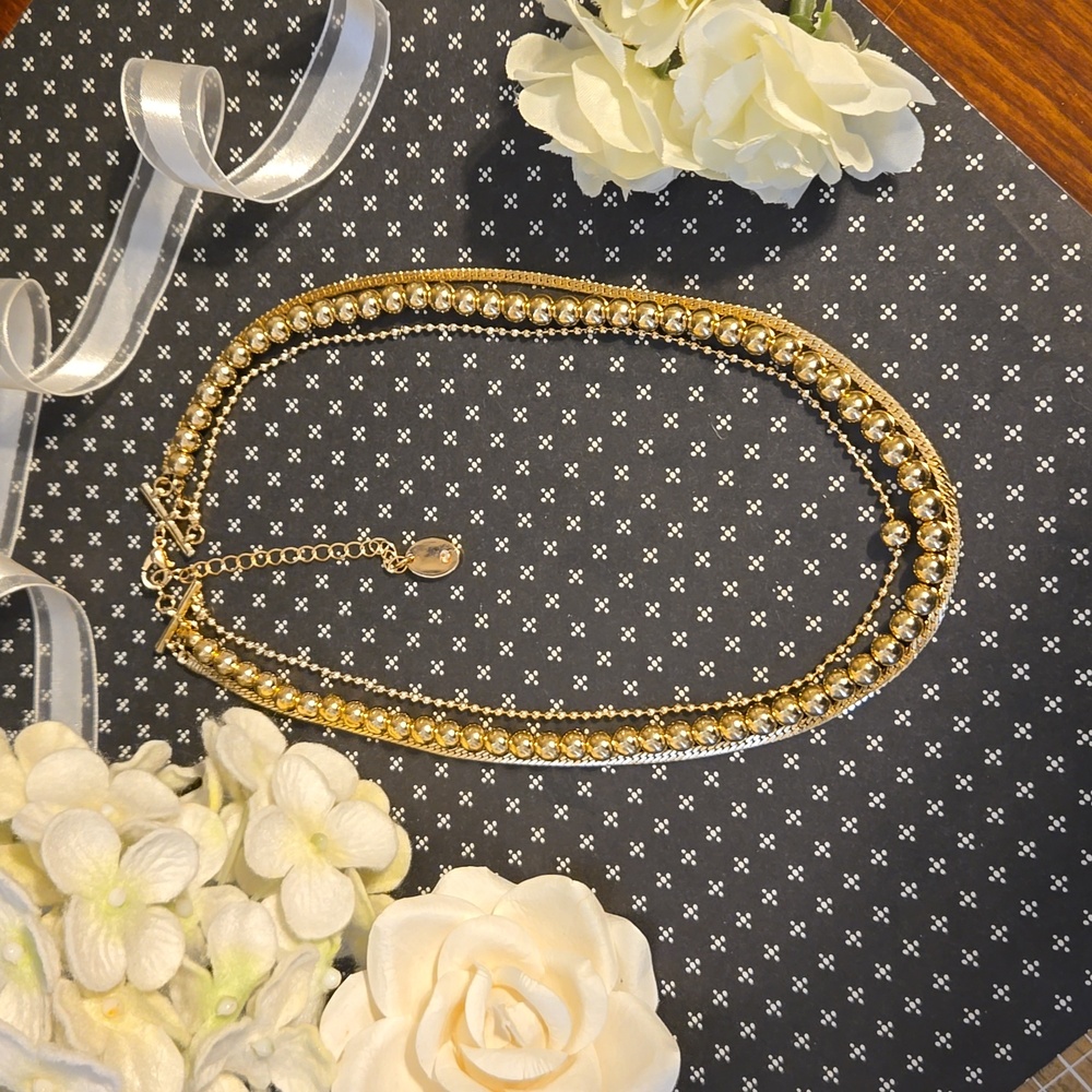 Classic Triple Layer Chunky Style Ball Chain Gold Tone Necklace NWT